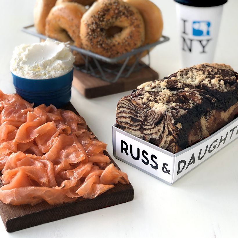 bagel, cream cheese, lox, coffee and babka gift basket from russ and daughters