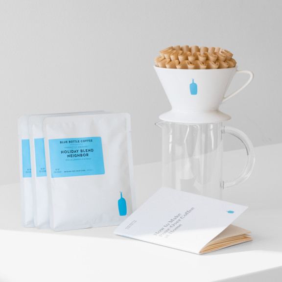 blue bottle coffee gift set with 3 coffee samples, coffee dripper, beaker and filters