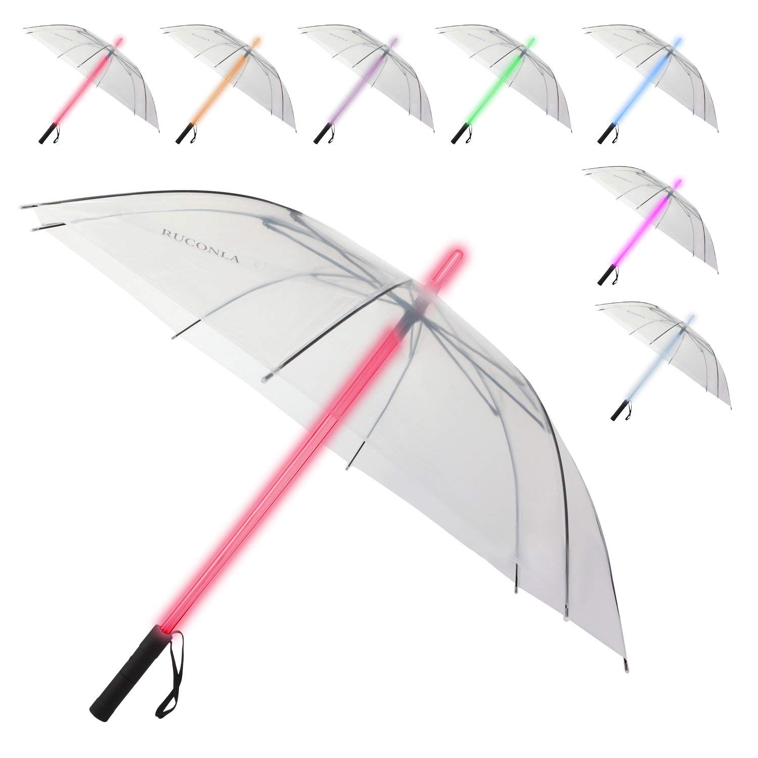 product shots of a selection of clear wedding umbrella for rain with light saber poles
