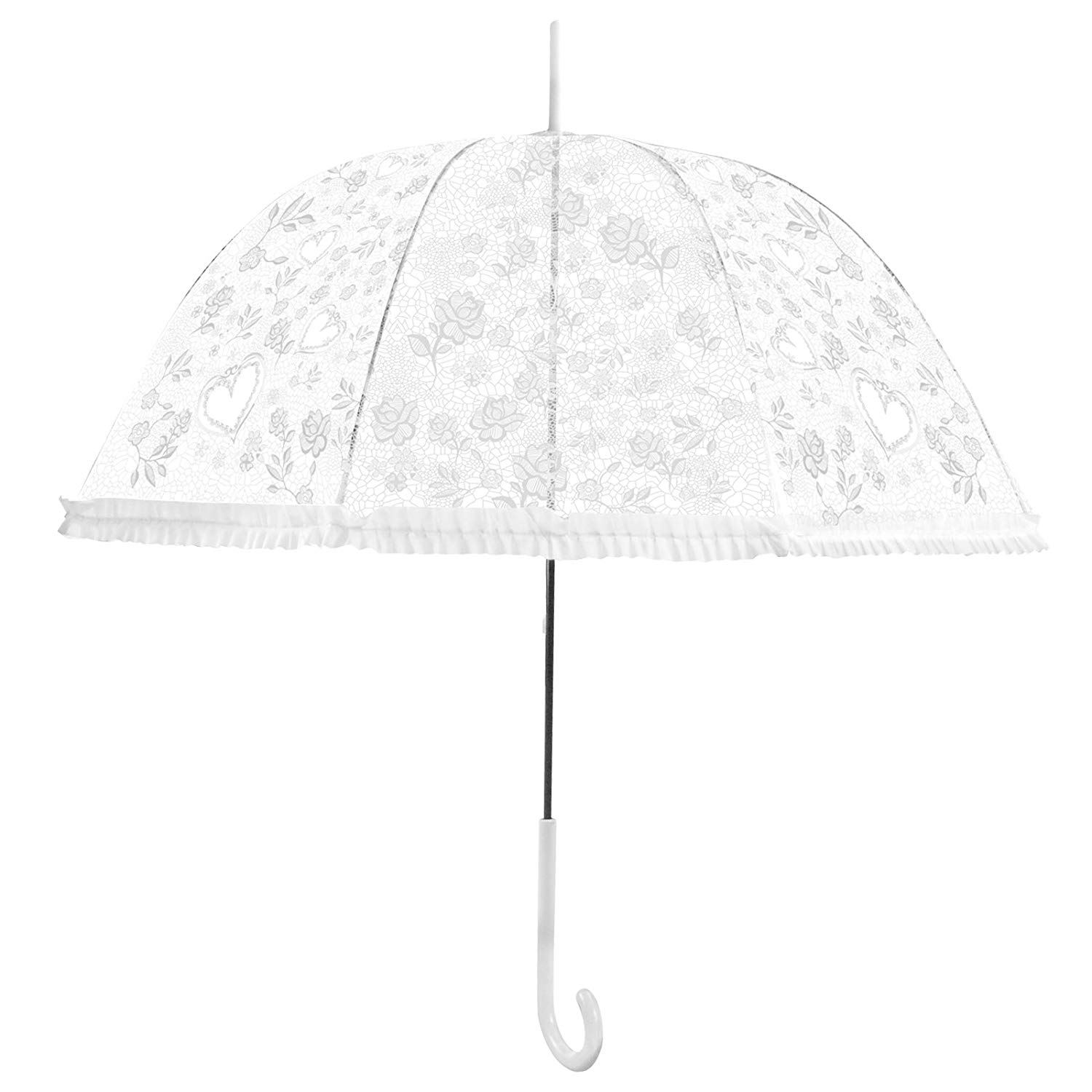 a product shot of a clear wedding umbrella for rain with white lacy flower and heart doodles and a small white ruffle edge