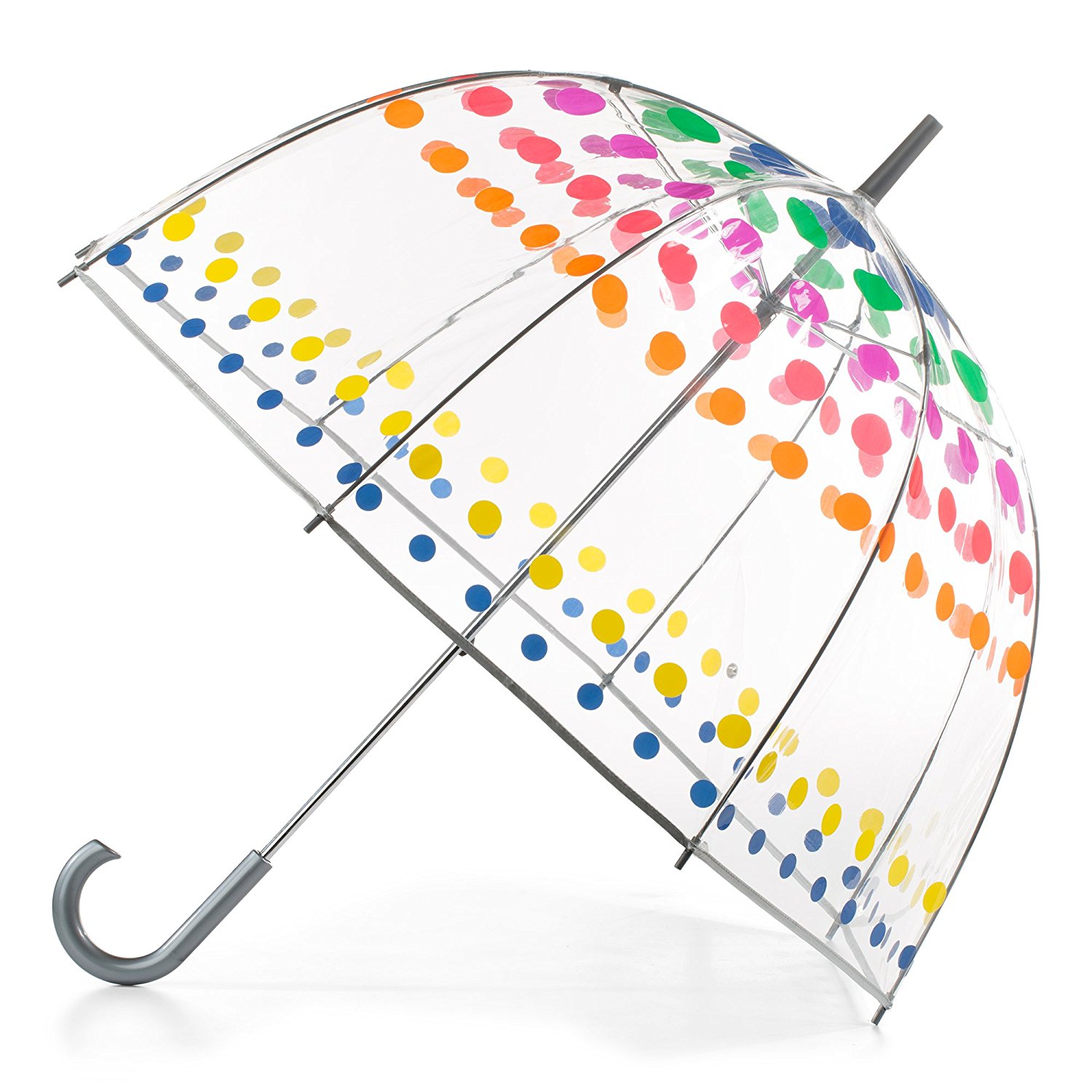 product shot of a clear wedding umbrella for rain with bright multi-colored polka dot print