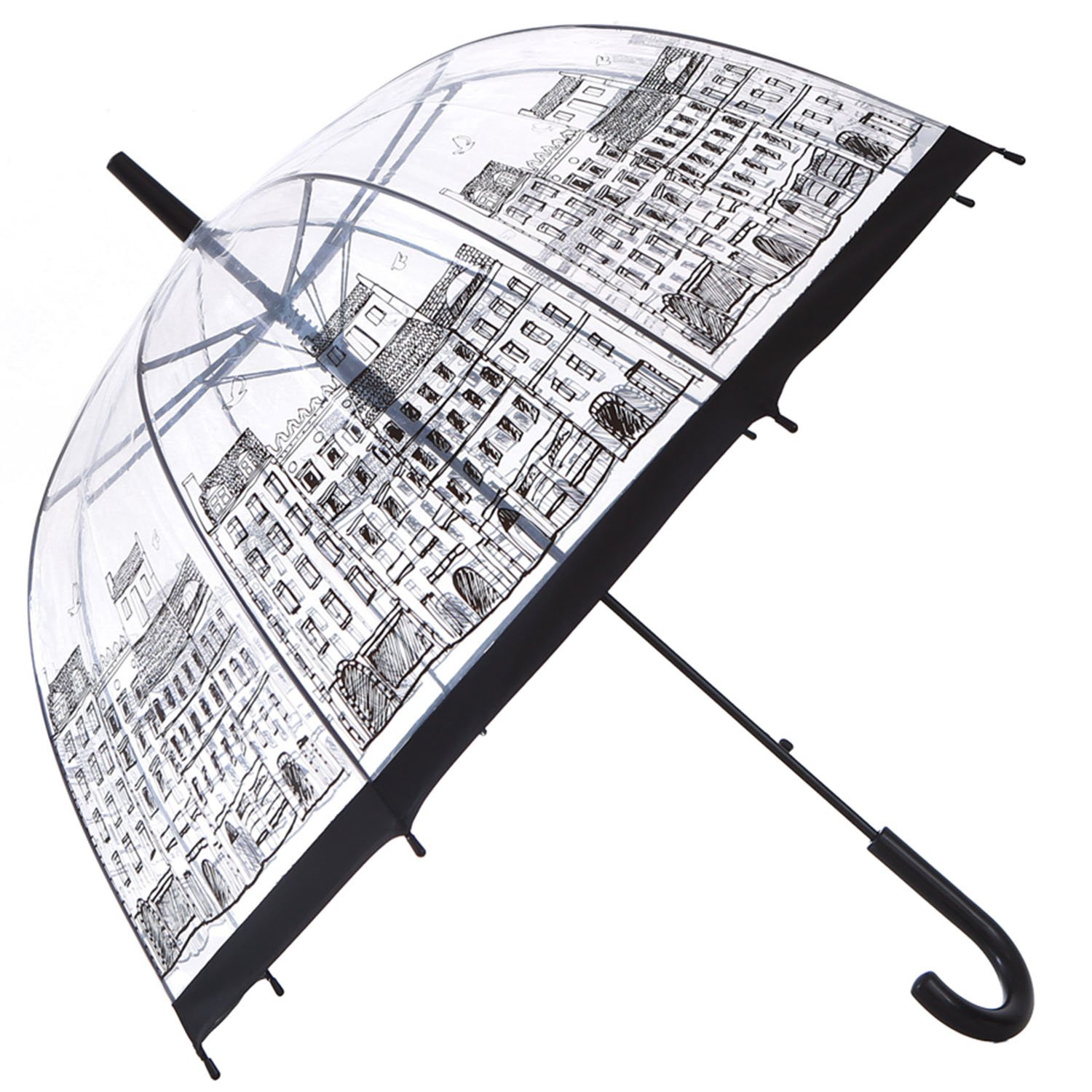 product shot of a clear wedding umbrella for rain with London cityscape sketch print and black edge