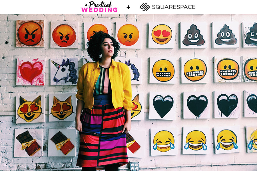 Najva sol stands in front of a grid of emoji images. Text above the image reads: A Practical Wedding + Squarespace.