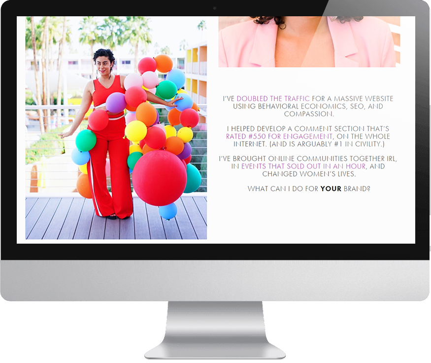 A page from Najva Sol's Squarespace website with a picture of her surrounded by a bright balloon installation, as shown on a computer monitor