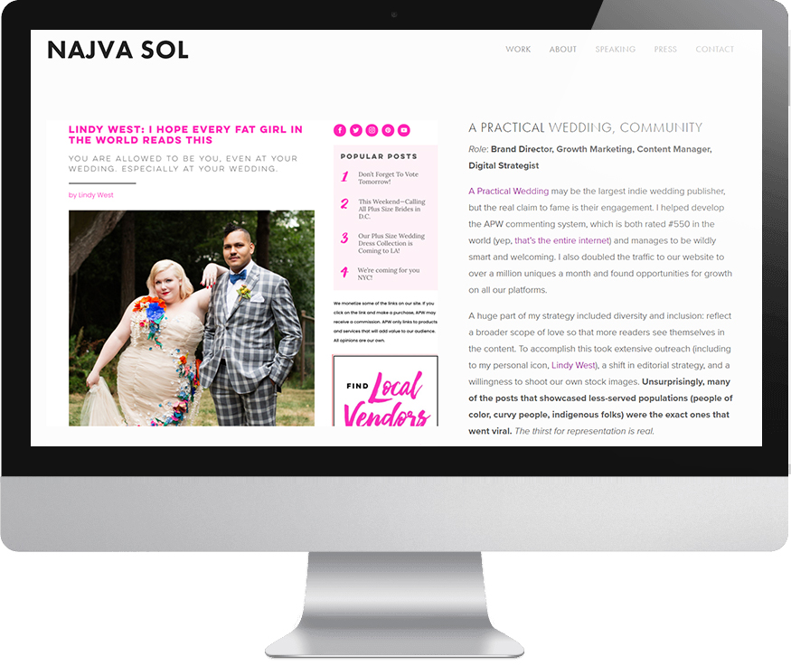 A monitor showing Najva Sol's Squarespace website with a detailed case study of her work at A Practical Wedding.