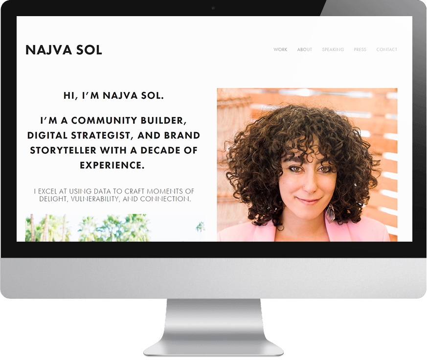 A computer monitor displaying Najva Sol's Squarespace website landing page with a photo of Najva and a statement that reads: "Hi, I'm Najva Sol. I'm a community builder, digital strategist, and brand storyteller with a decade of experience."