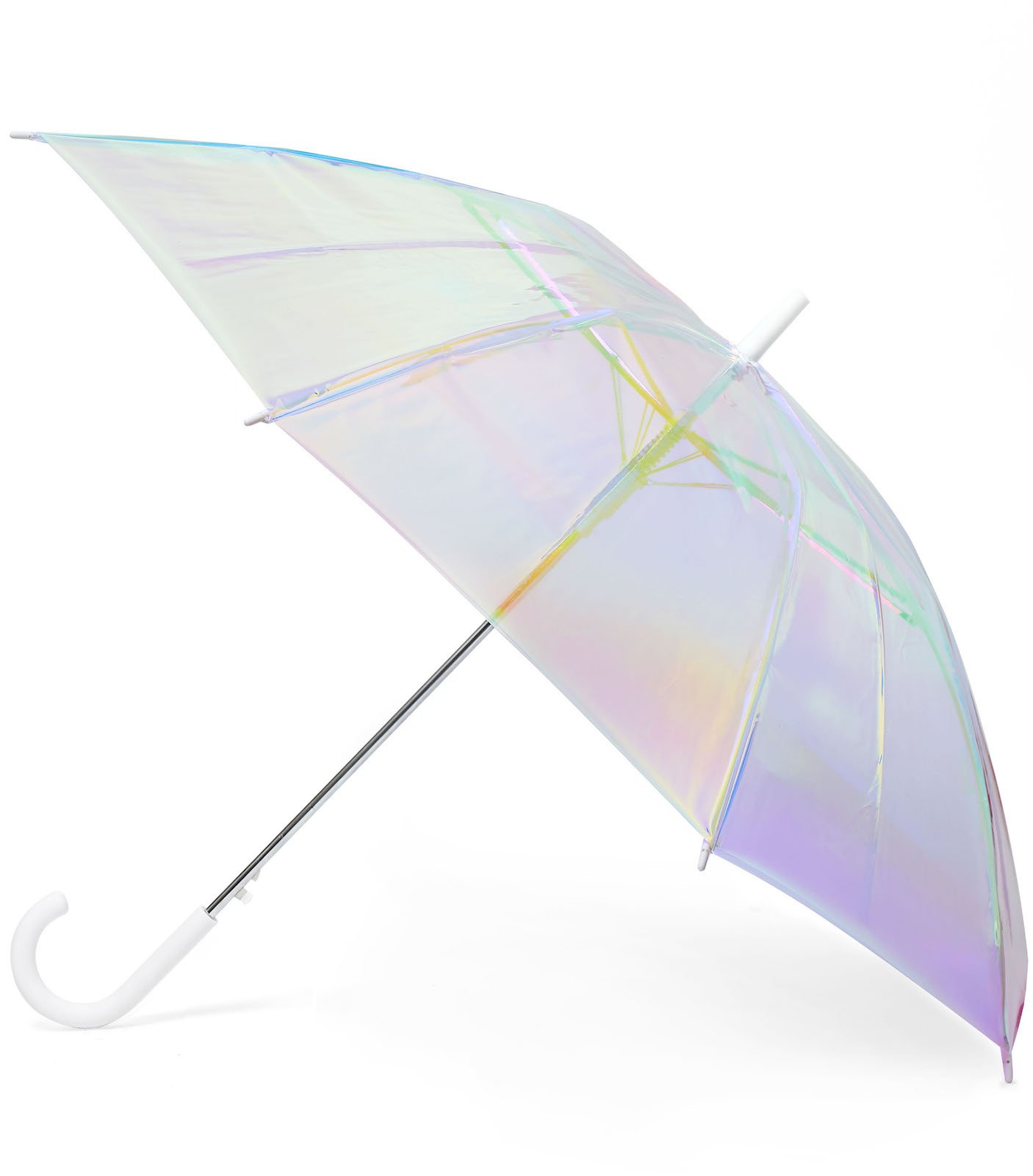 product shot of a translucent wedding umbrella for rain with holographic coloring