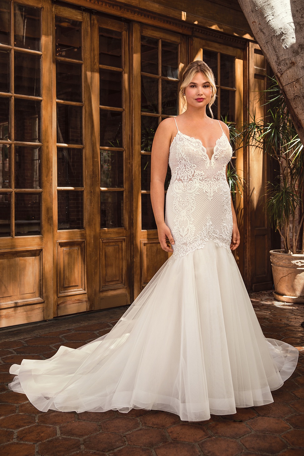 kira lace trumpet plus size wedding dress from beloved by casablanca bridal