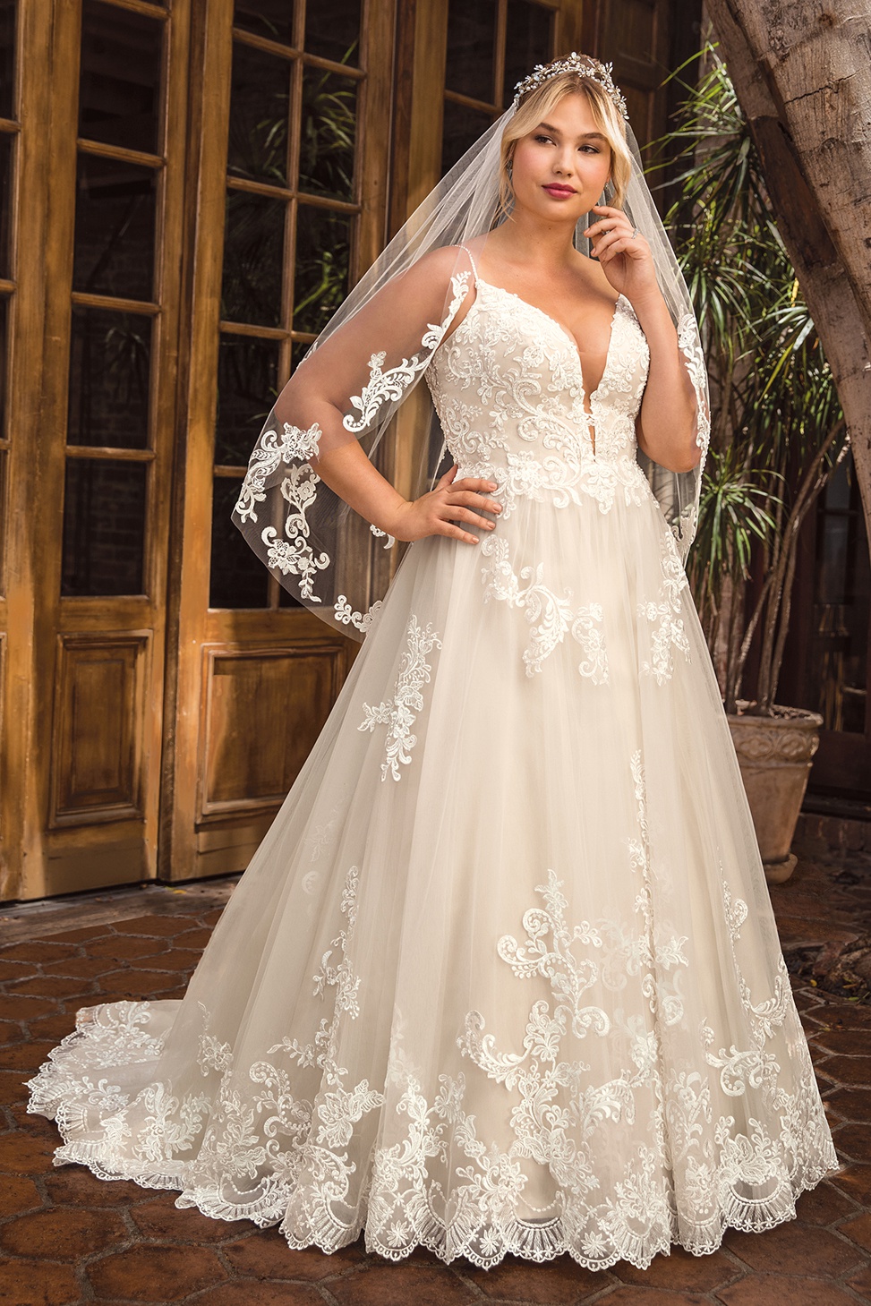 delilah plunging lace wedding gown from beloved by casablanca bridal