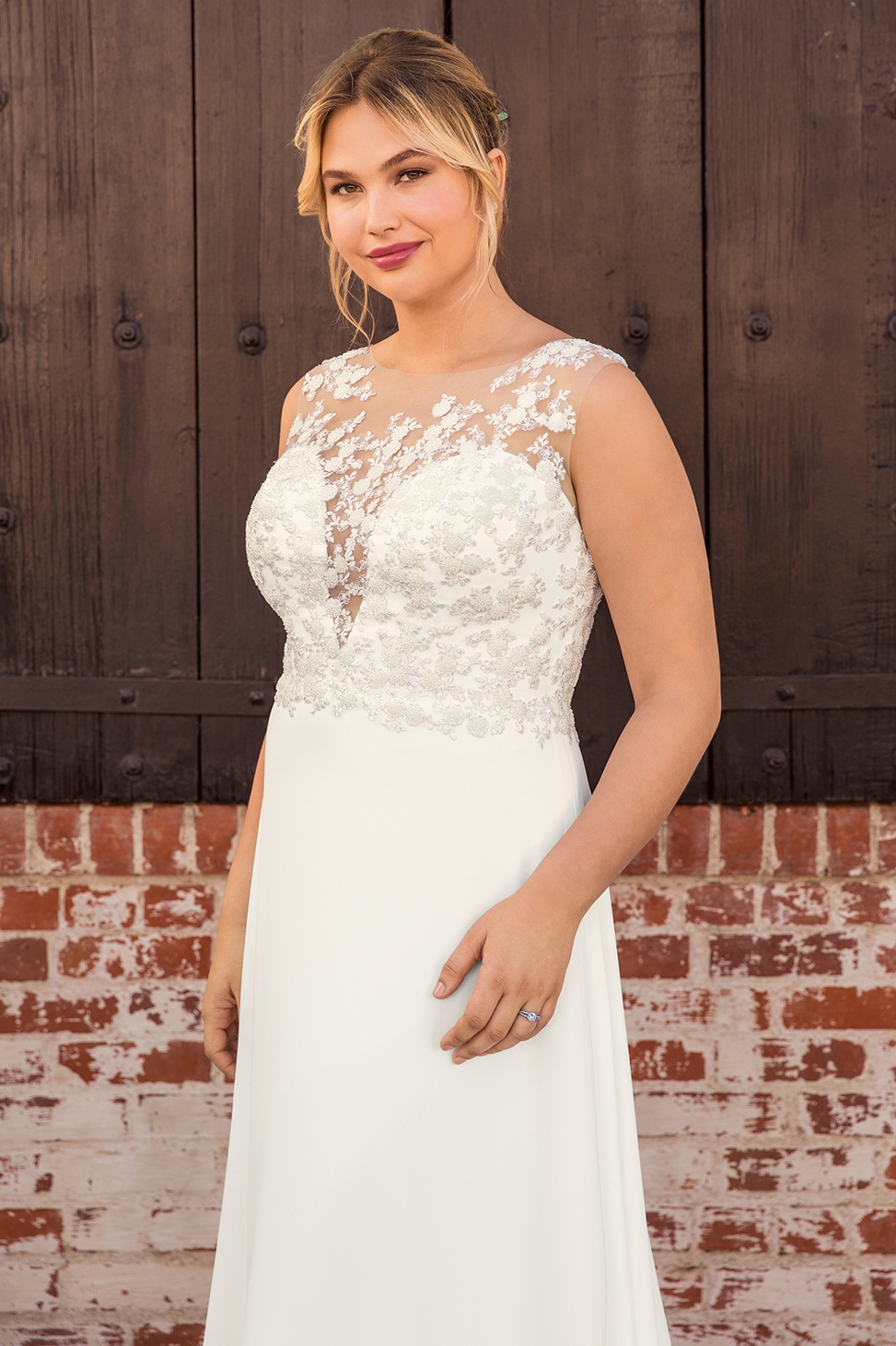plus size wedding dress from beloved by casablanca bridal with plunging neckline and illusion straps