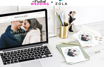 A Zola wedding website as seen on a laptop next to paper invitations on a desk. The text "A Practical Wedding + Zola" reads above the image.