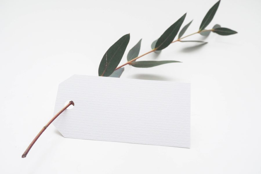 A blank white place card with a leafy twig through a hole in the side