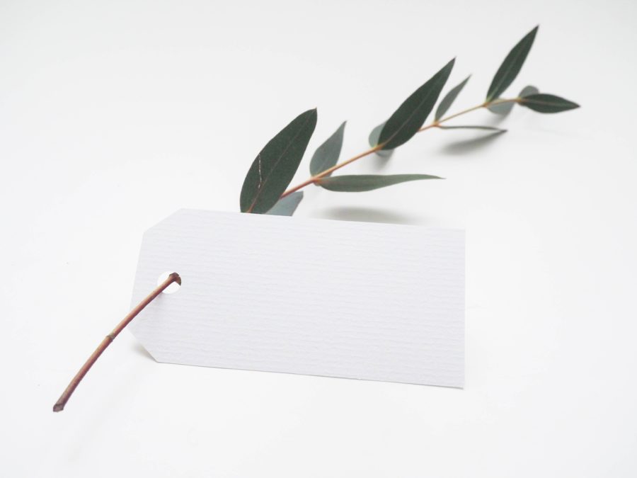A blank white place card with a leafy twig through a hole in the side