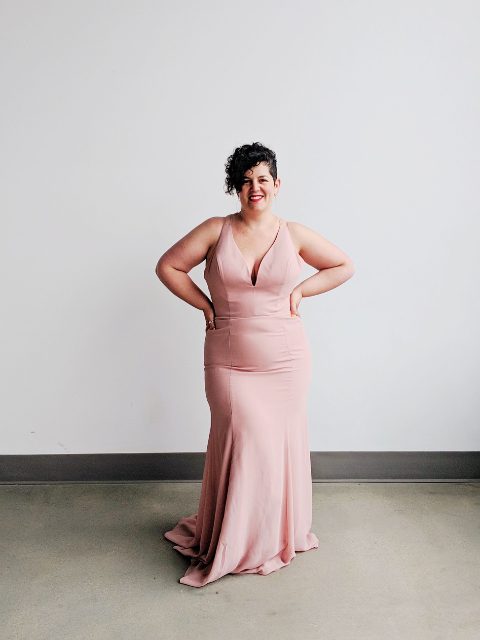 Another view of a woman wearing a Brideside Aura line bridesmaid dress
