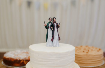 Two womxn in white wedding dresses as cake toppers, one wearing Gryffindor wizarding robes and scarf, the other wearing the same in Slytherin colors. Both hold wands.