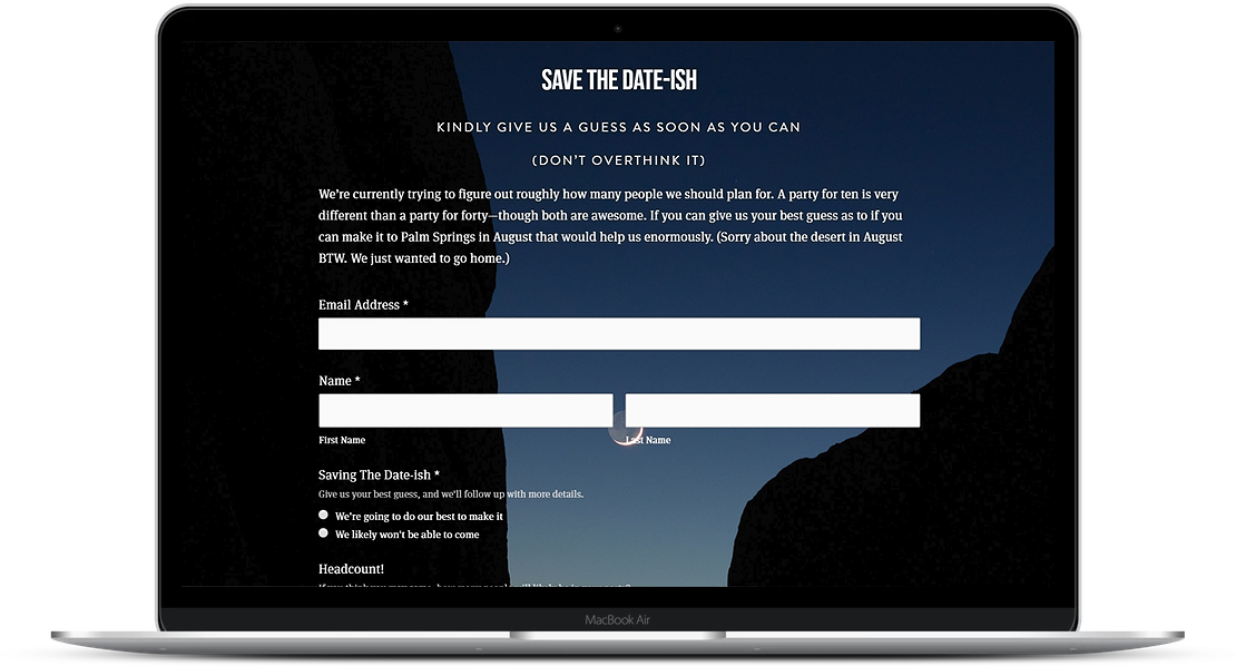 a laptop mockup of a squarespace wedding website RSVP page