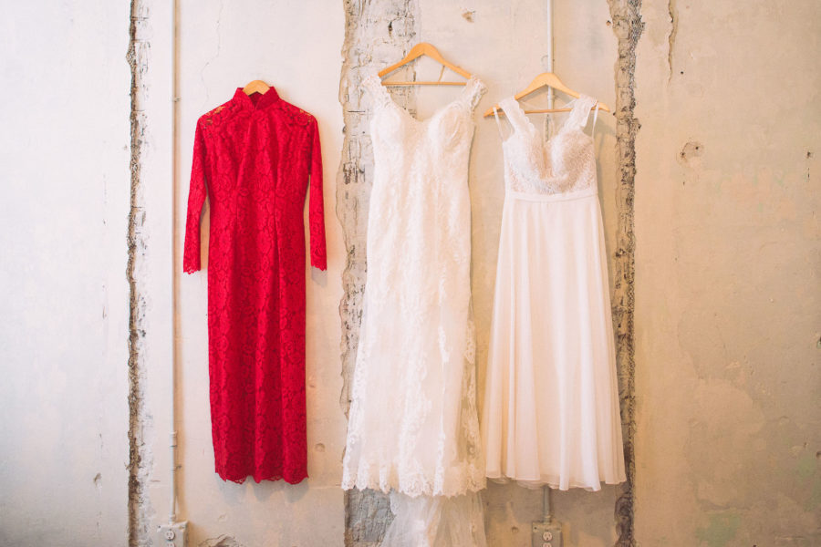 Wedding Dresses hanging on a wall