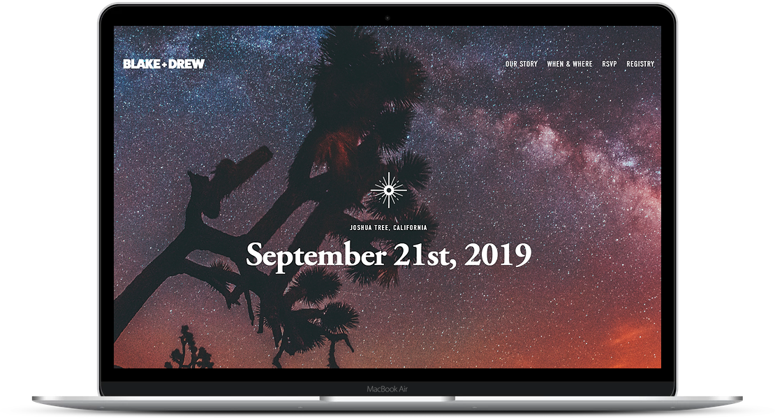 a laptop mockup of a squarespace wedding website with the night sky in joshua tree