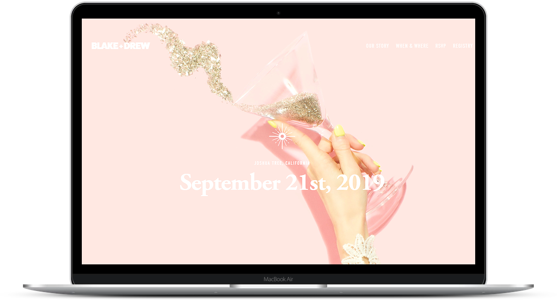 a squarespace wedding website mockup featuring a woman holding a martini glass with glitter spilling out of it on a millennial pink background