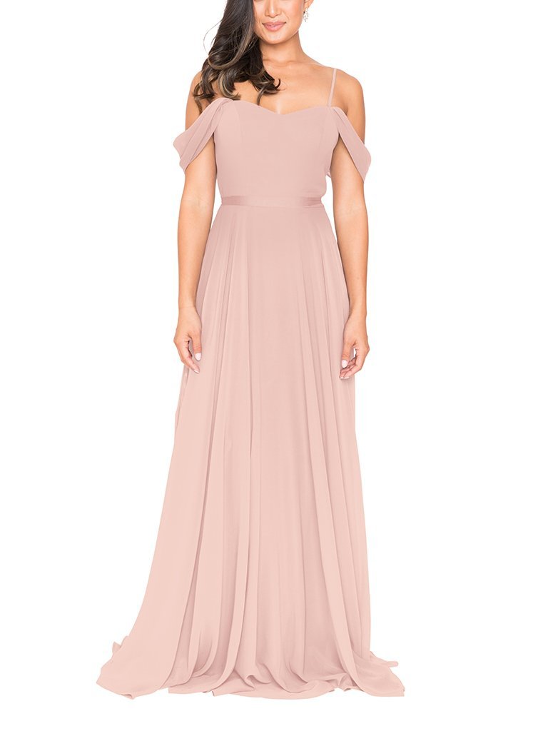 A model wears an earthy pink bridesmaid dress