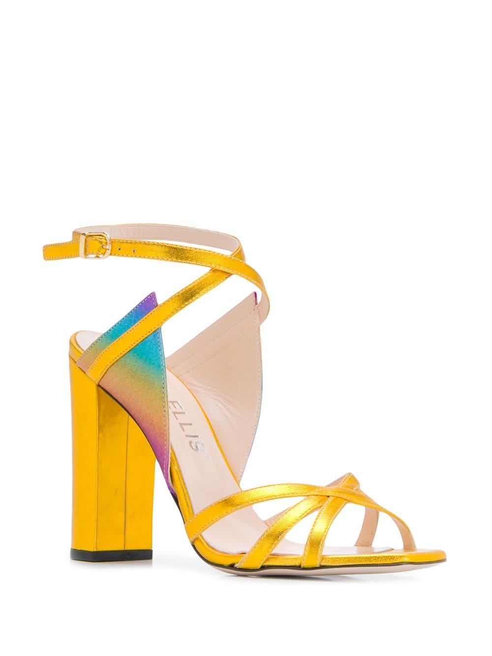 A yellow and rainbow high heel shoe