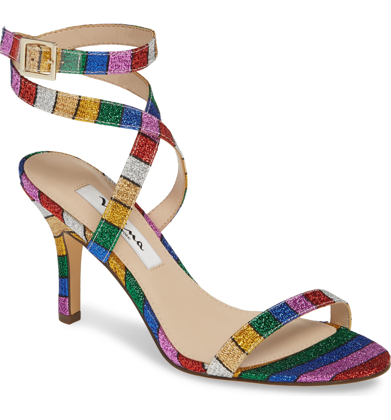 Rainbow colored squares on a high heel