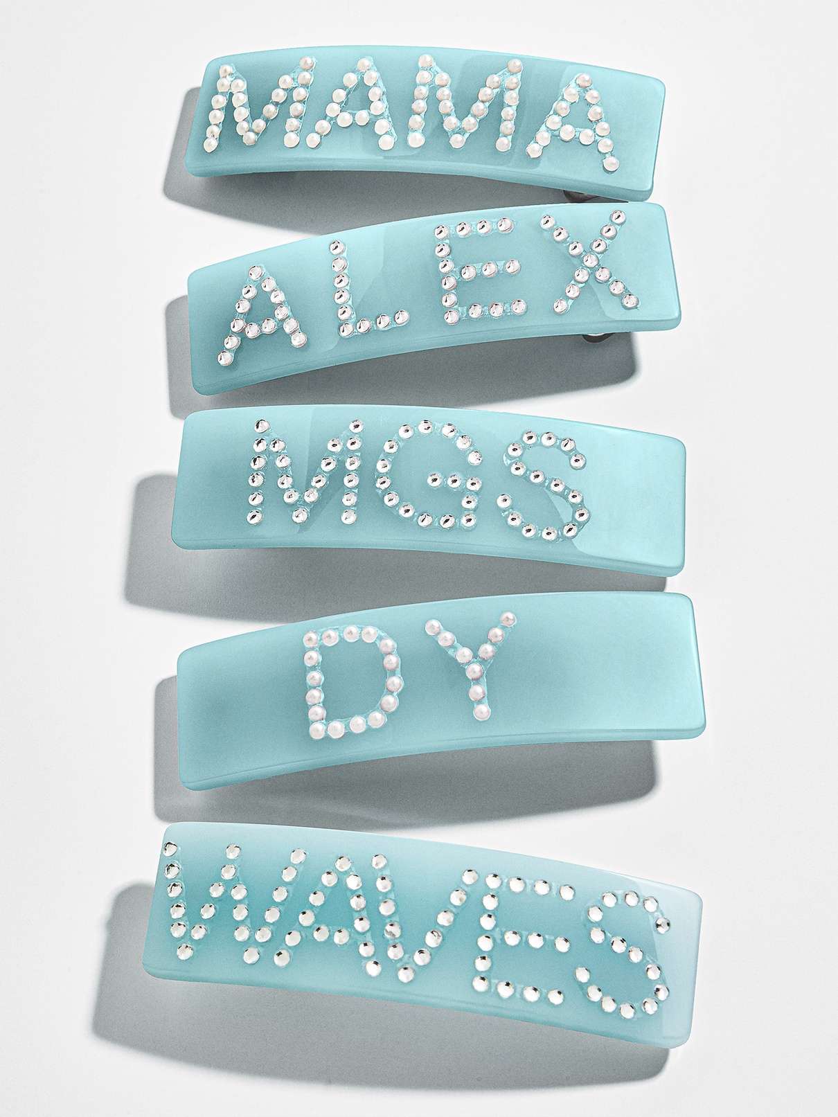 hair clips that say mama, alex, mgs, dy, waves