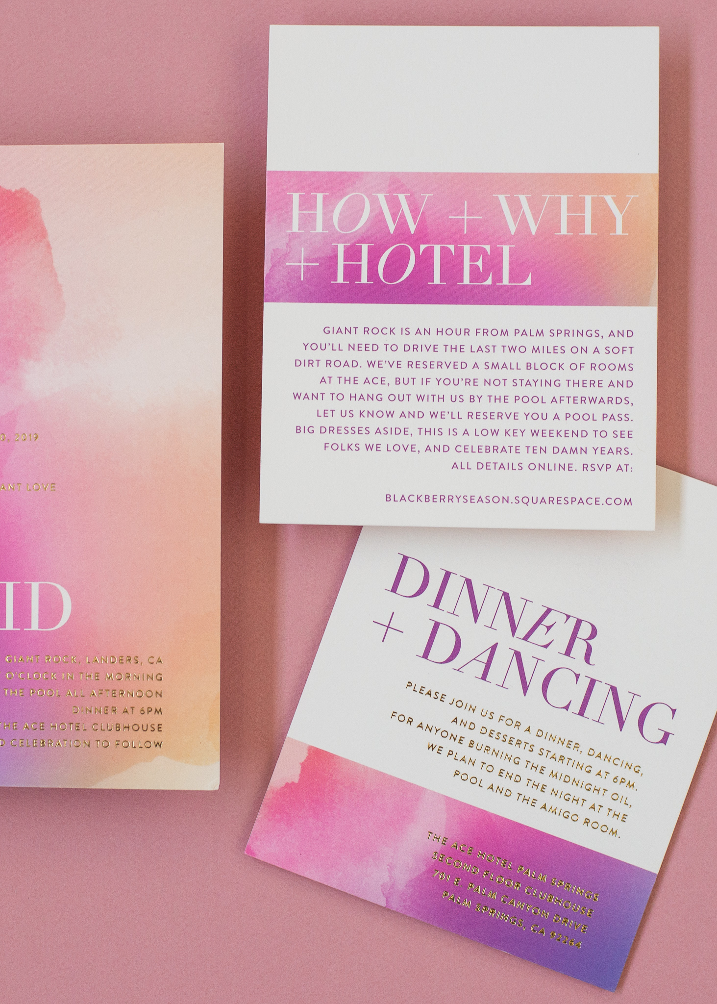 Pink and purple watercolor invitations on pink background