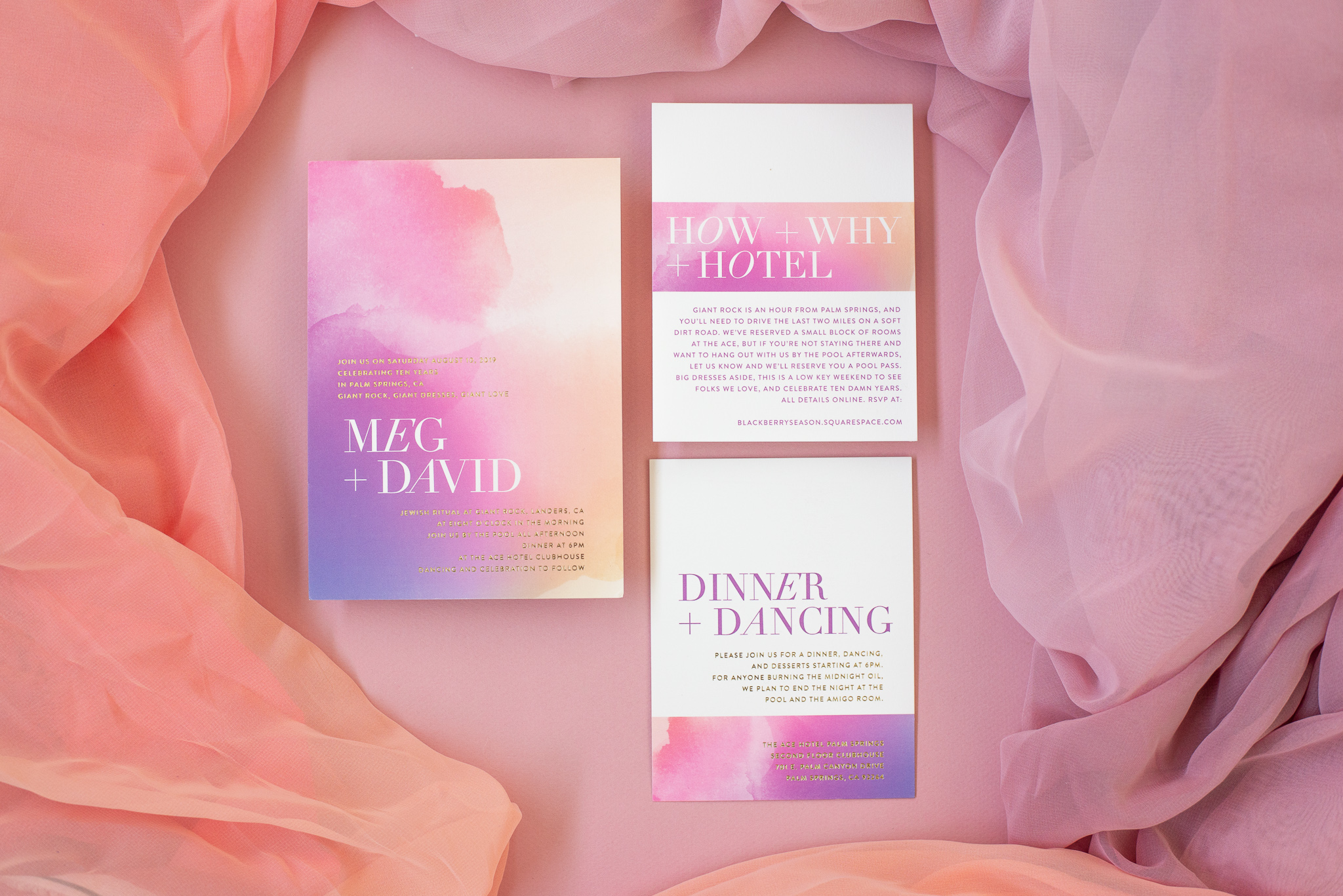 Purple, pink, gold watercolor wedding invitation suite