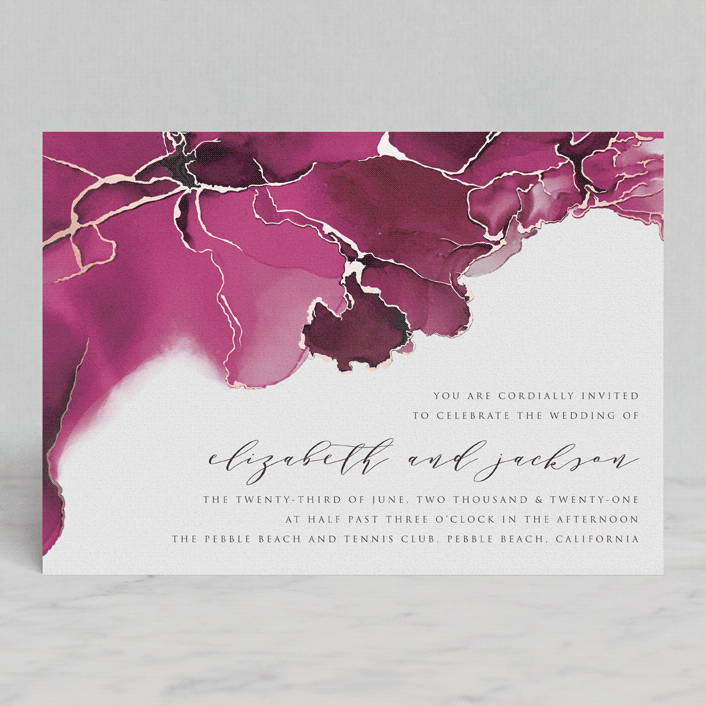 white and pink watercolor style wedding invitation with gold foil accents