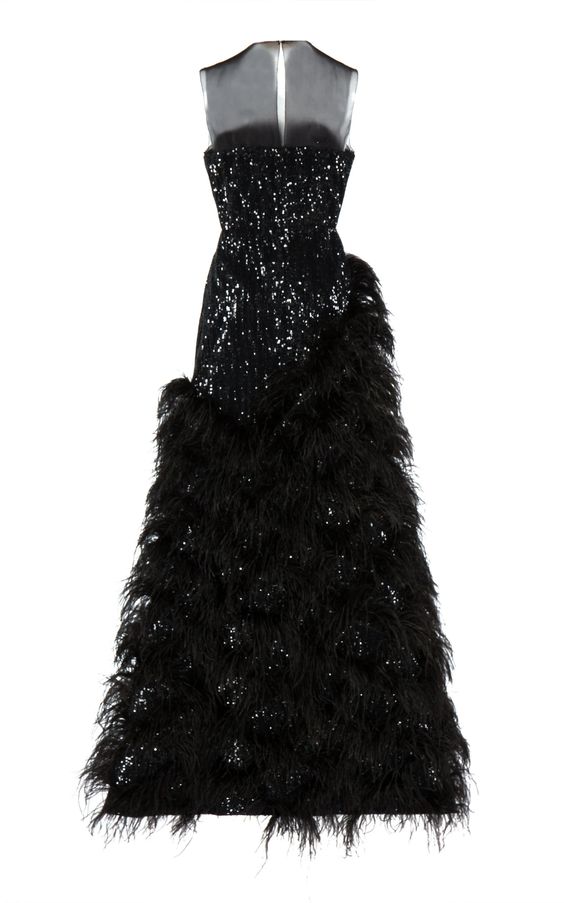 A full length gown with a feathered skirt. Black wedding dresses.