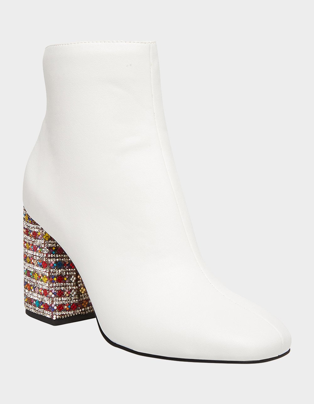 A while leather boot with a rainbow sparkling heel.