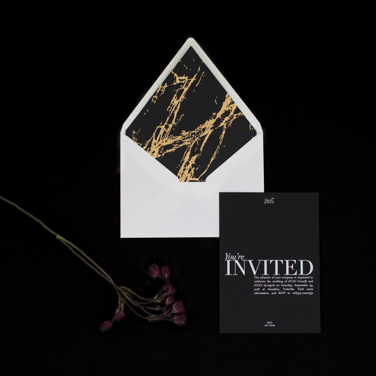 A overhead image of an invitation suite.