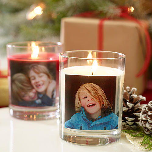 Candles with personalized photos on them.