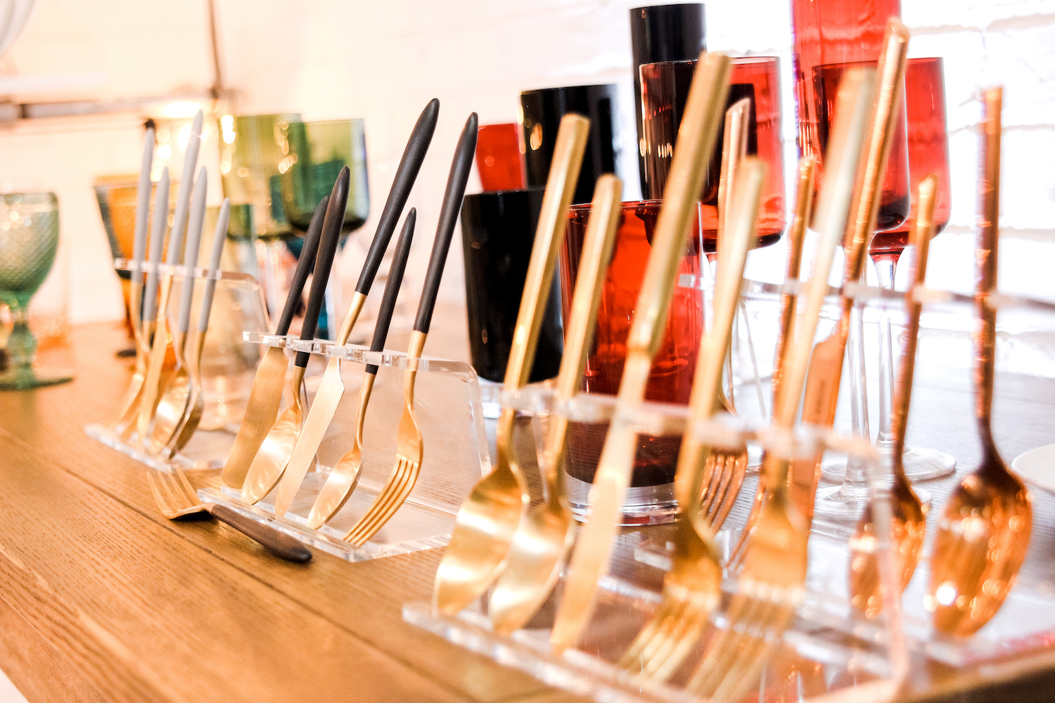 View of various flatware sets.