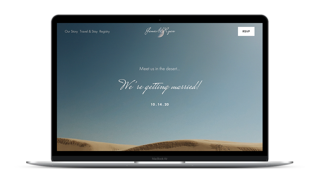 A wedding website template with a desert style photo.
