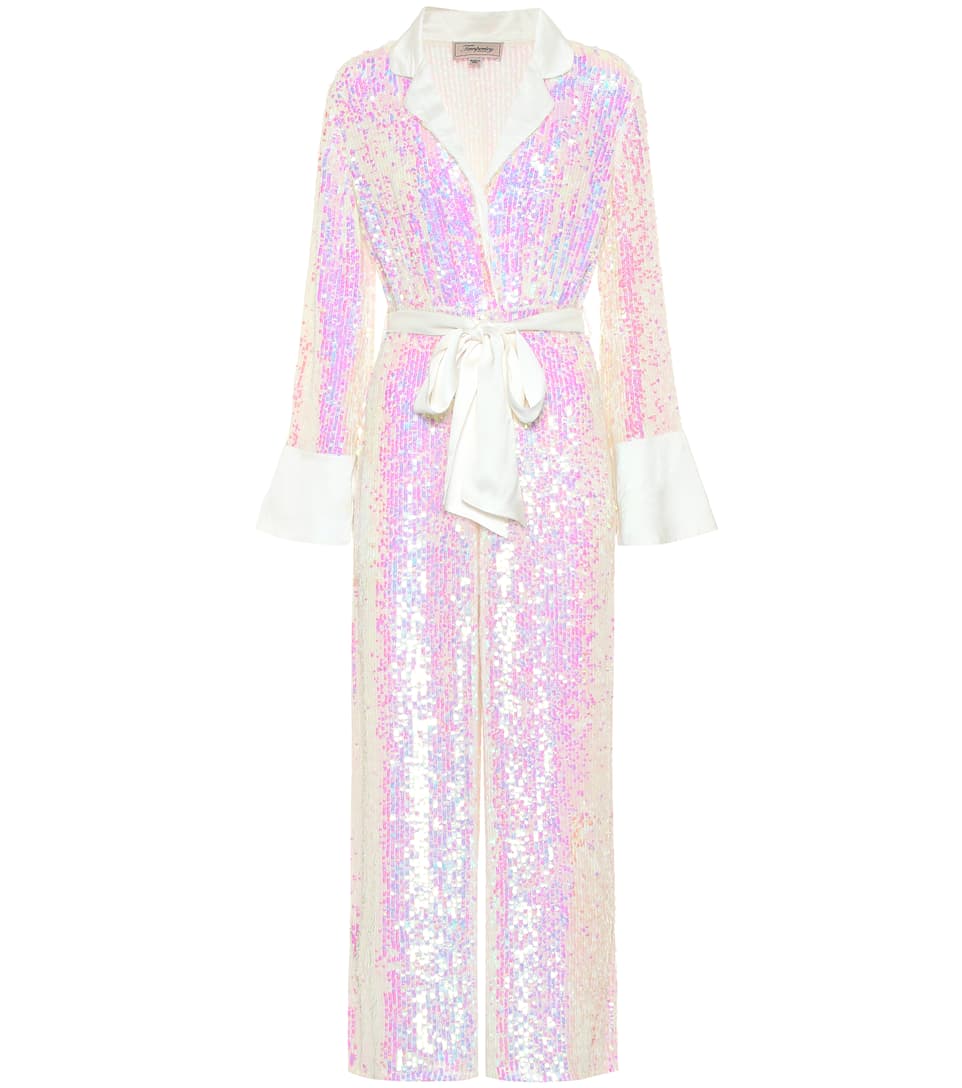 An iridescent sequined georgette jumpsuit seems like it should be a closet staple as well as wedding appropriate.