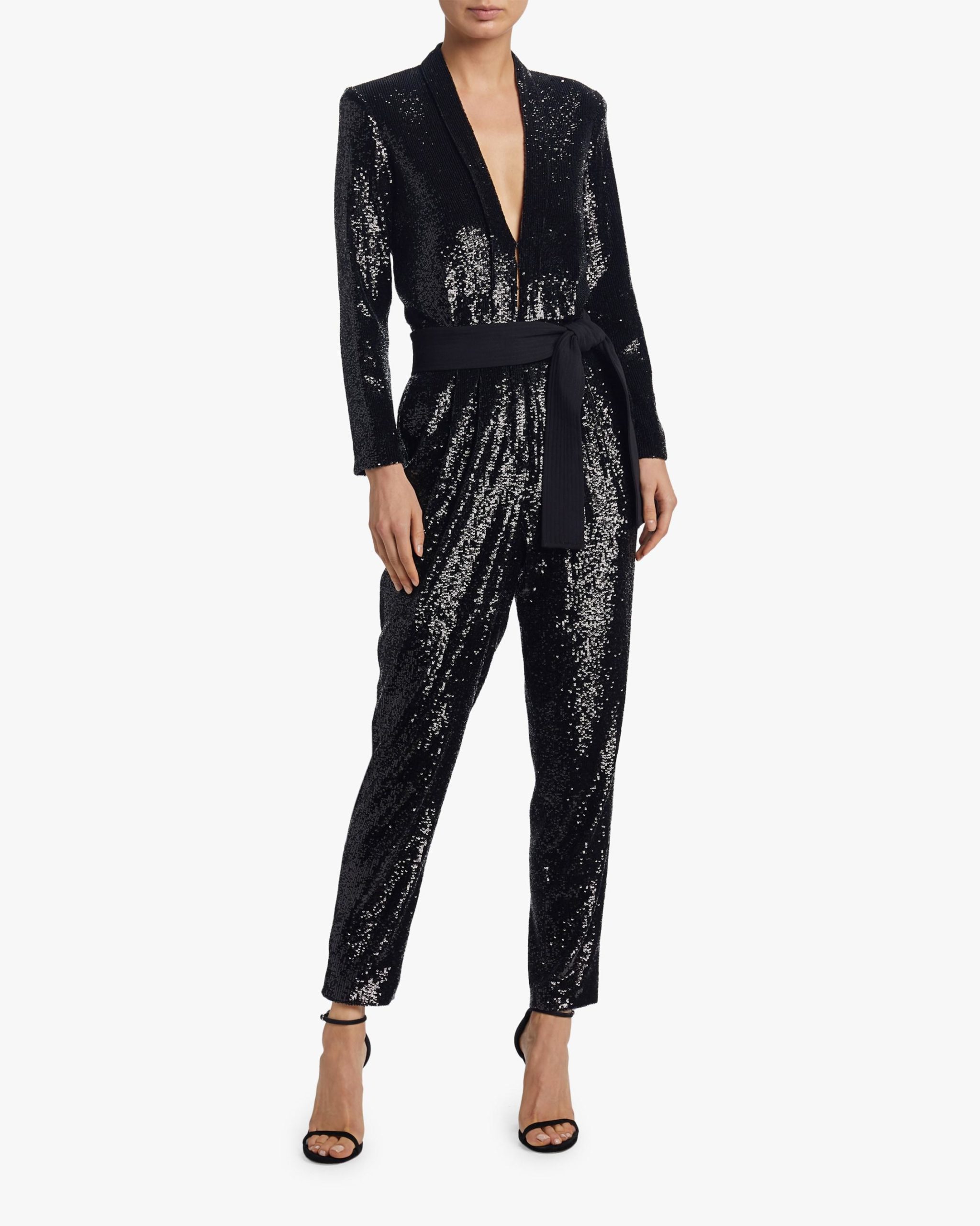 Come on, you know you love a plunging neckline and waist-cinching leather belt that adds up to full body disco glam.