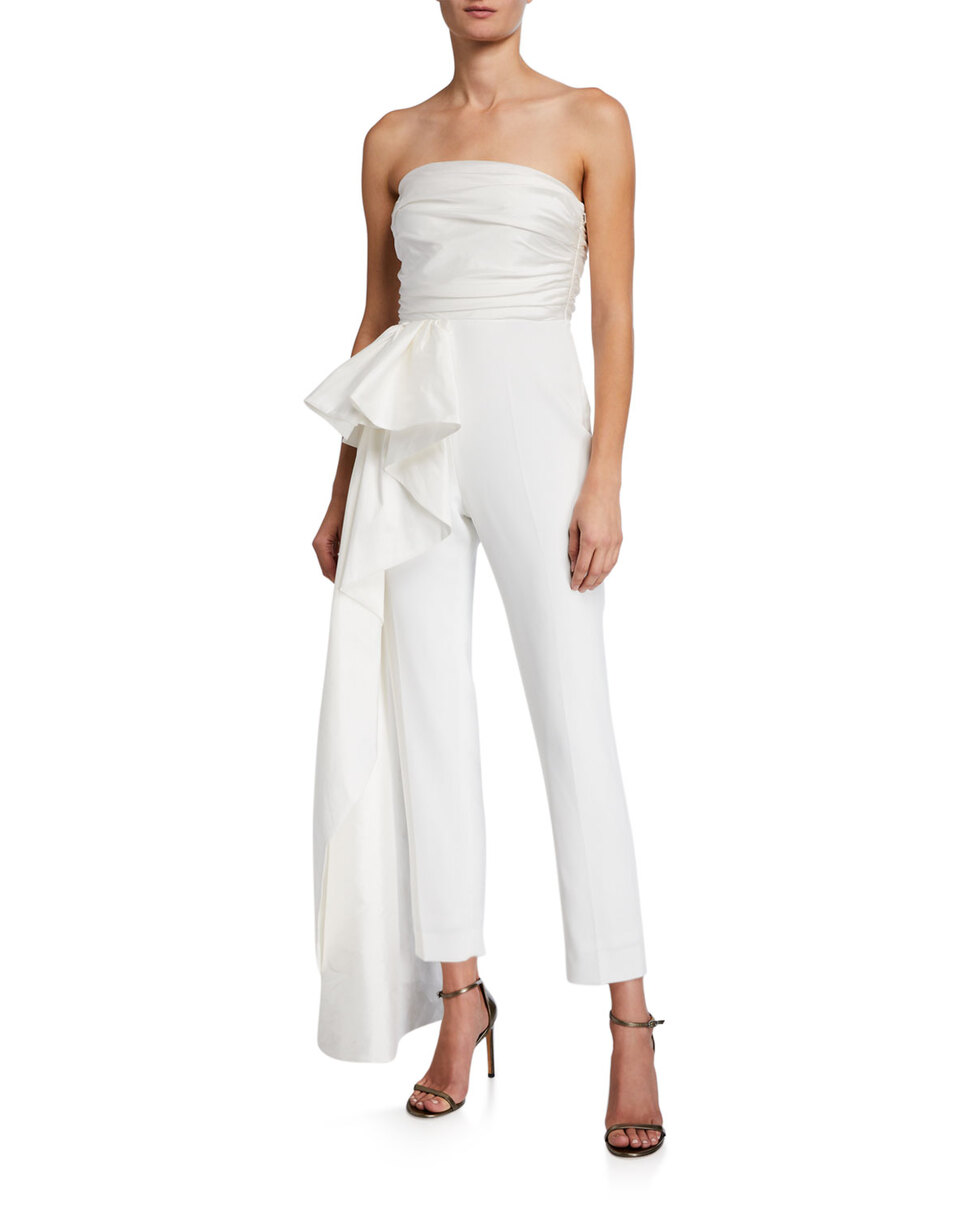 Strapless with a ruffled fold cascading down the leg like a waterfall of elegance.