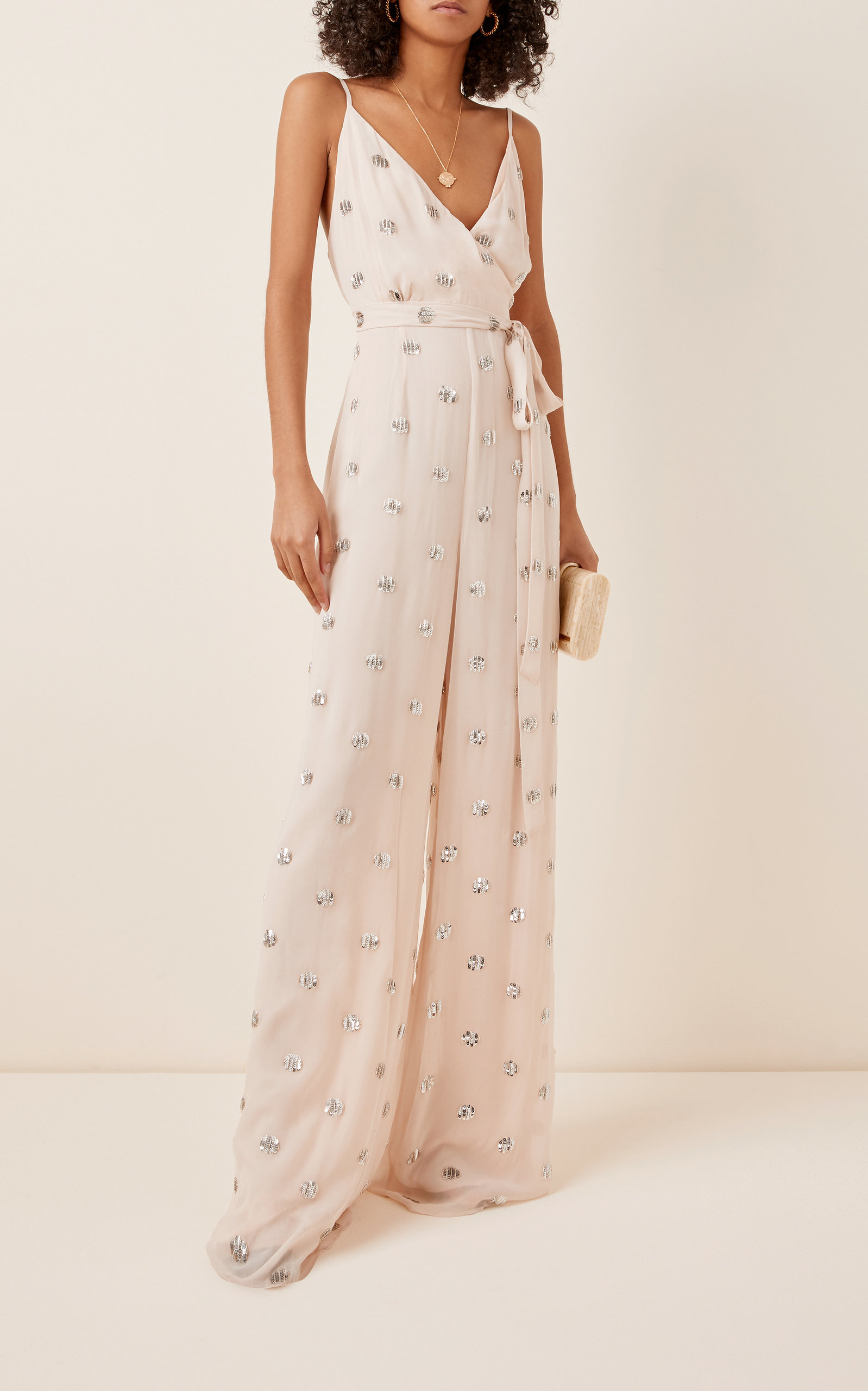 The perfect blush color and decorated with the prettiest sequin-embroidered polka dots.