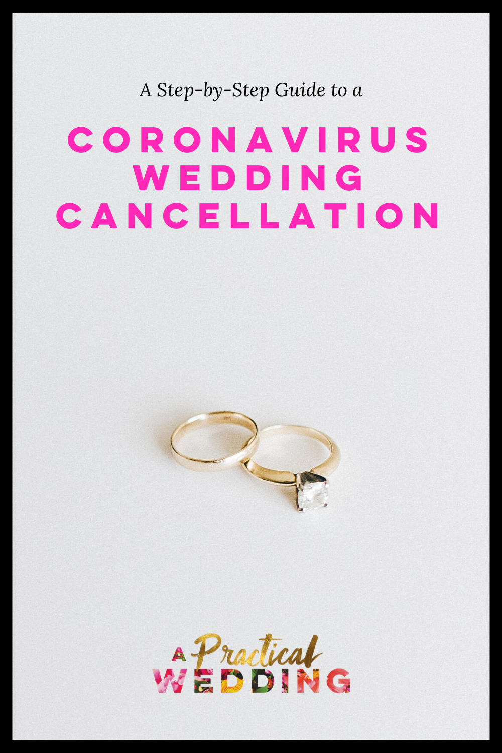 graphic with two wedding rings that reads "your step by step guide to a coronavirus wedding cancellation" in pink text