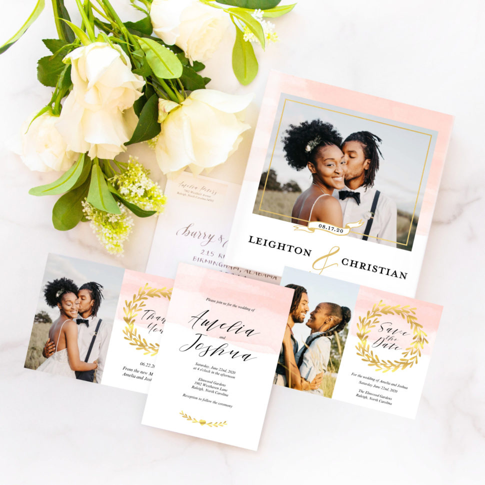 Flat lay of the Vintage Wedding Suite from the Martha Stewart for Mixbook Collection featuring an invitation, thank you card and photobook.