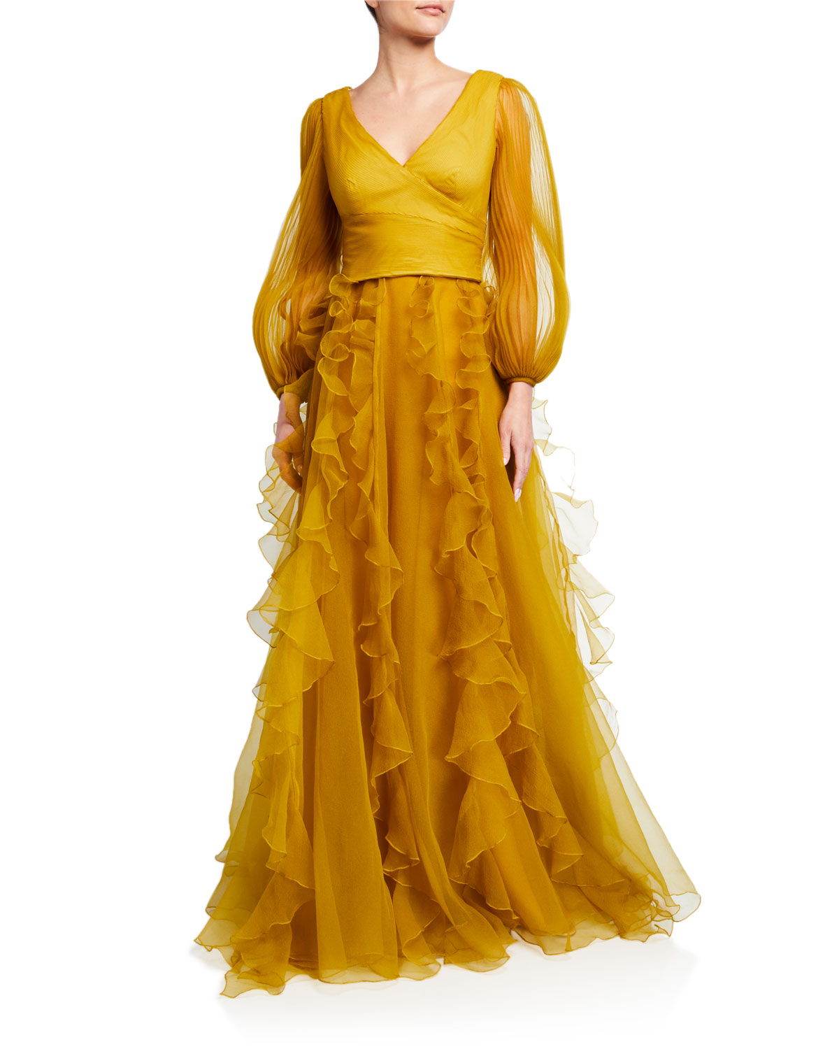 A mustard colored ruffled dress