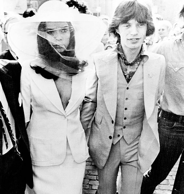 Black and white wedding photo of Mick & Bianca Jagger