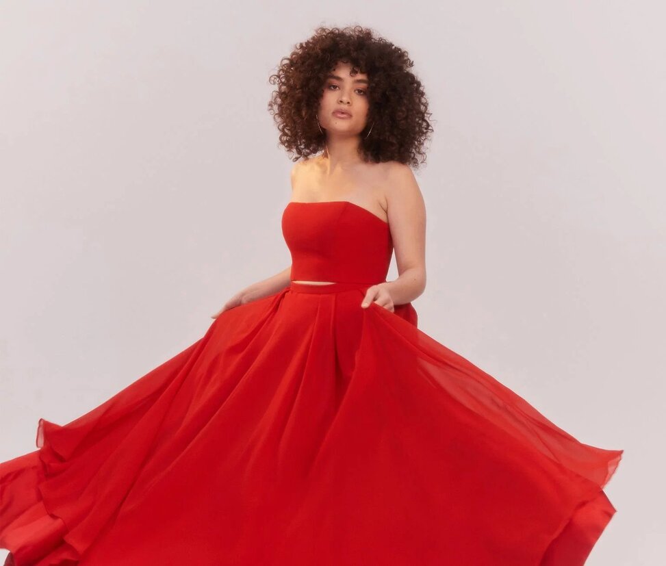 A elegant flowy red dress.