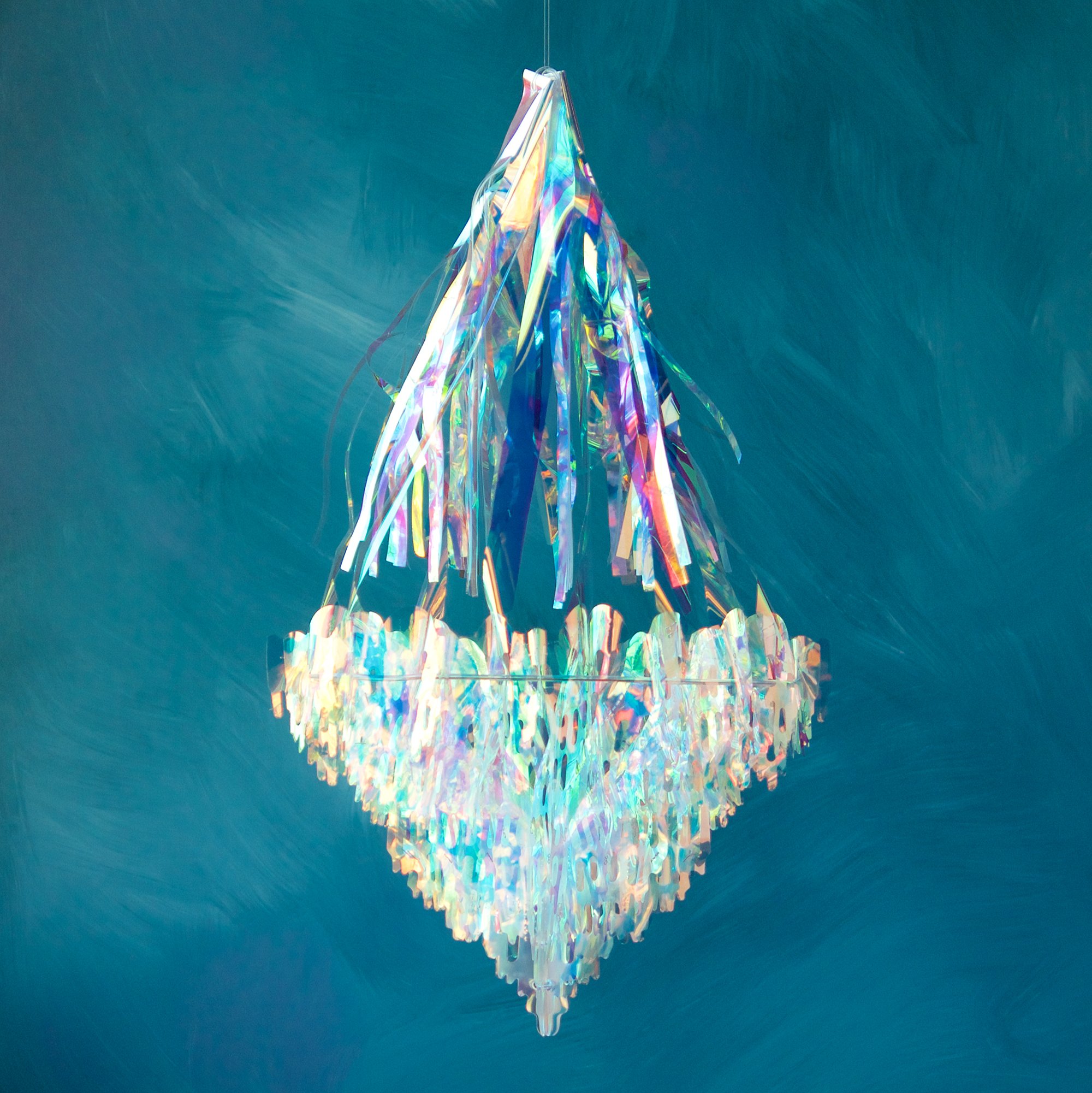 A chandelier made of iridescent streamers.