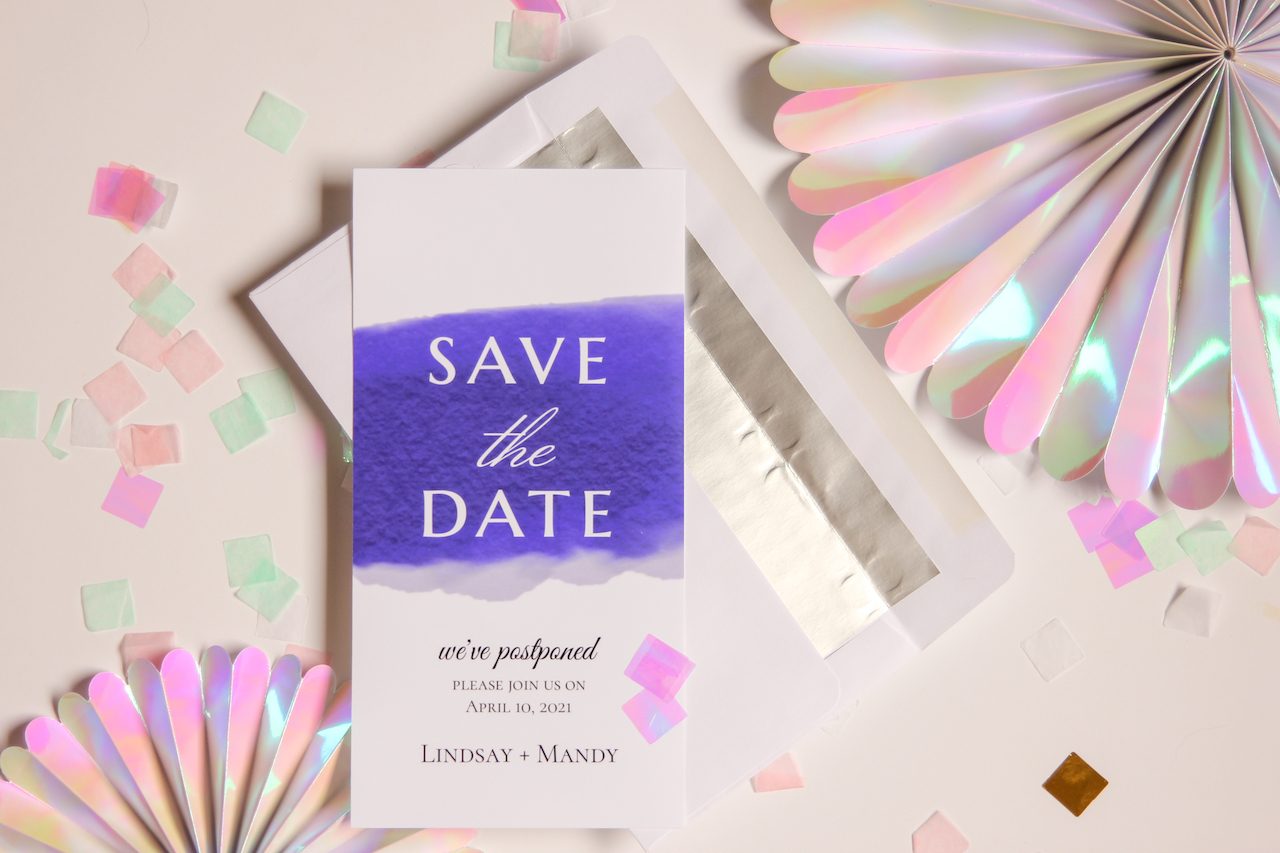 save the date for wedding and envelope with sparkly pinwheel decor