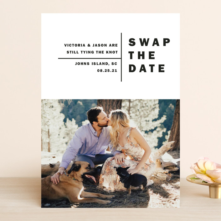simple graphic swap the date with picture of a kissing couple and their two dogs