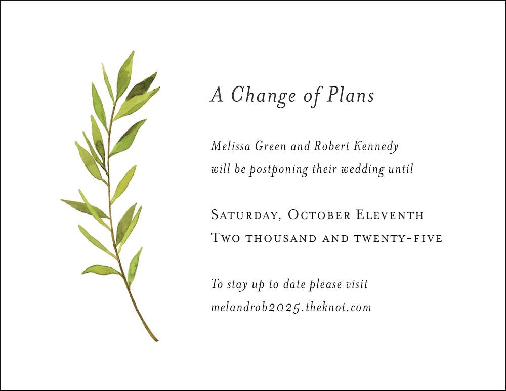an illustrated olive branch with the text A Change of Plans