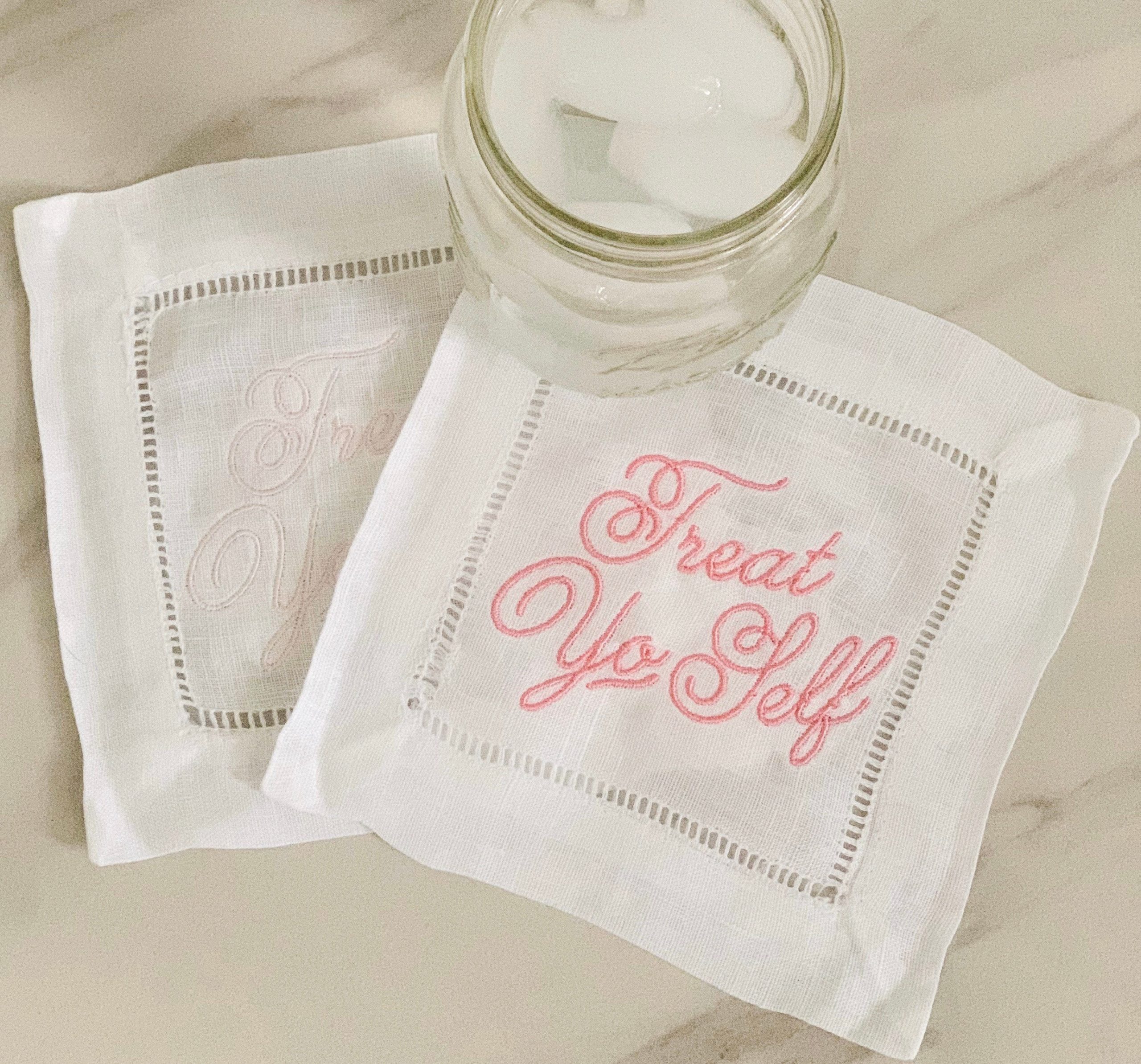 hand embroidered cocktail napkins that say treat yo self